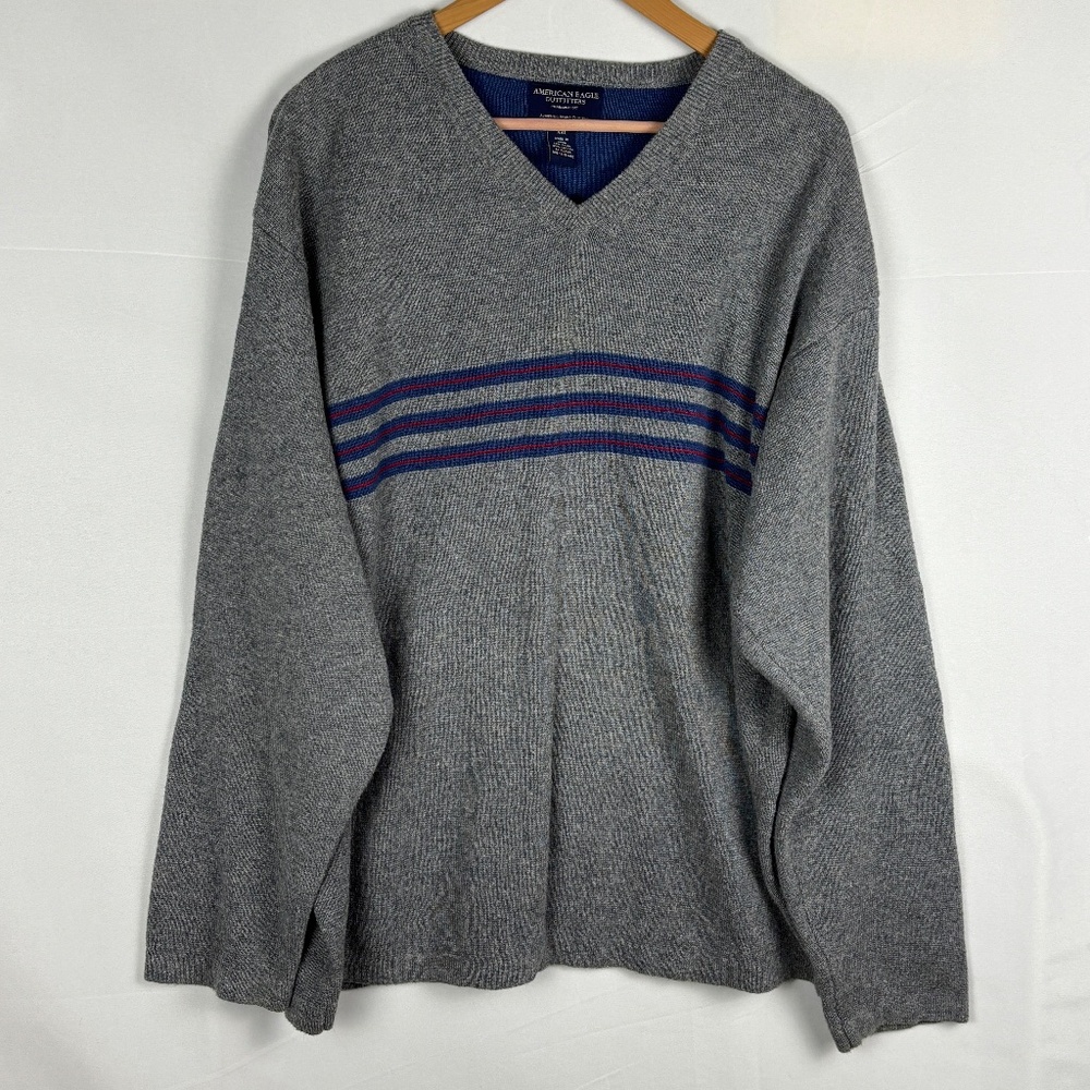 NWOT American Eagle Mens Ramie Pullover Sweater XXL‎ Grey V-neck Classic Preppy